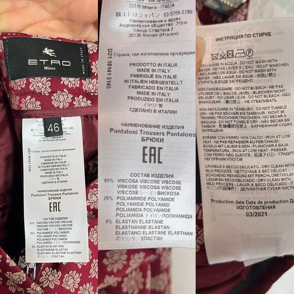 Etro trousers Micro Jacquard Motif flowers all over Burgundy size IT 46/US 10-L - Picture 10 of 11